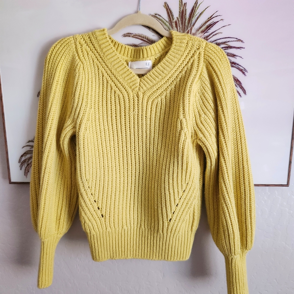 Anthropologie Yellow V-Neck Sweater with Ribbed Knit